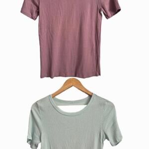 Lucky Brand Ladies Lot Of 2 Ribbed Knit Short Sleeve T-Shirts  Crew Neck Modal